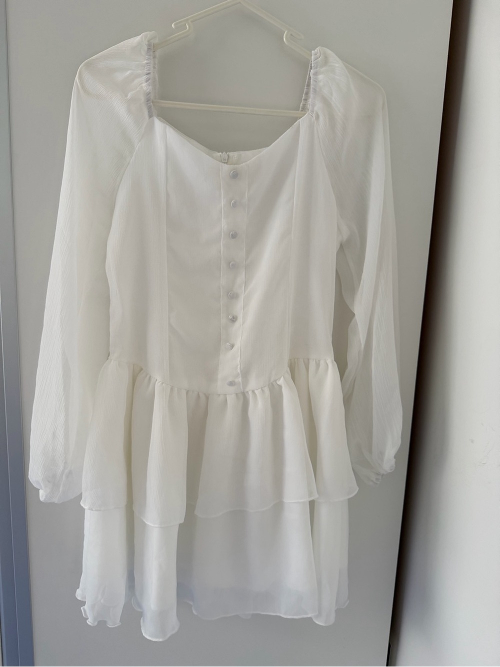 White Tiered Chiffon Button Front Peasant Dress